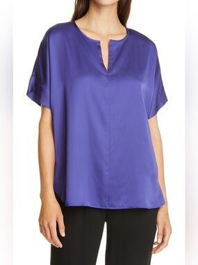 *EILEEN FISHER* Deep Purple Short Sleeve Silk Split-Neck Tunic Top Size Medium